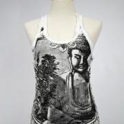 Buddha Tank Top Yoga Singlet White Hindu God Crinkle Cotton S M L XL