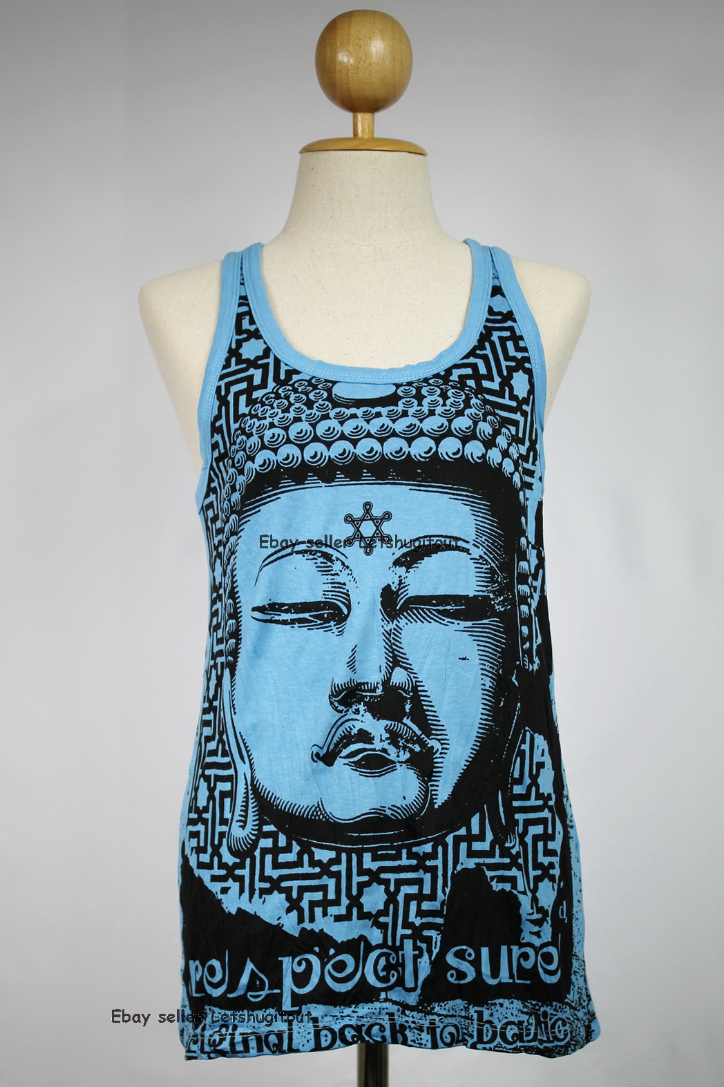Buddha Tank Top Yoga Singlet Blue Hindu God Crinkle Cotton S M L Xl