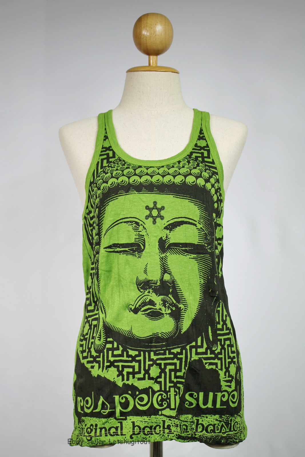 Buddha Tank Top Yoga Singlet Green Hindu God Crinkle Cotton S M L Xl