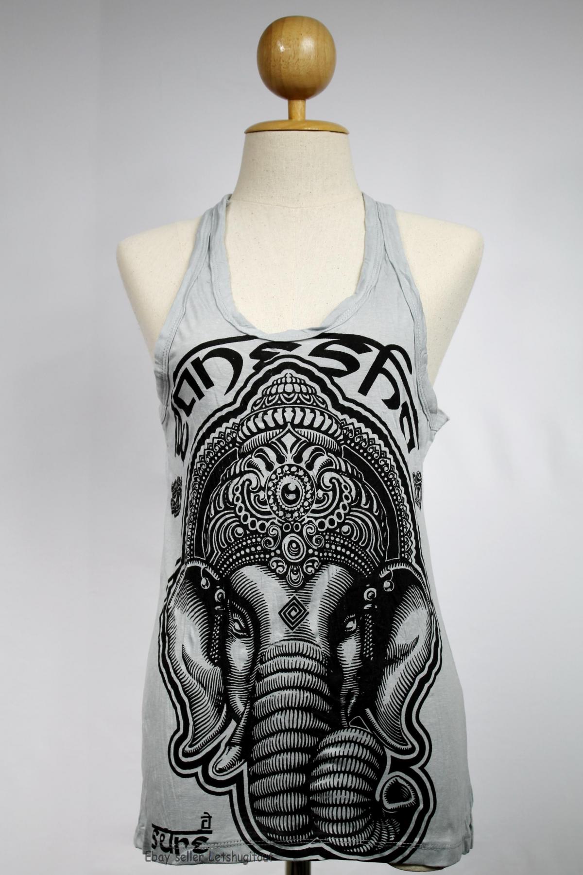 Ganesha Tank Top Yoga Singlet L Buddha T-shirt Boho Om Grey Elephant
